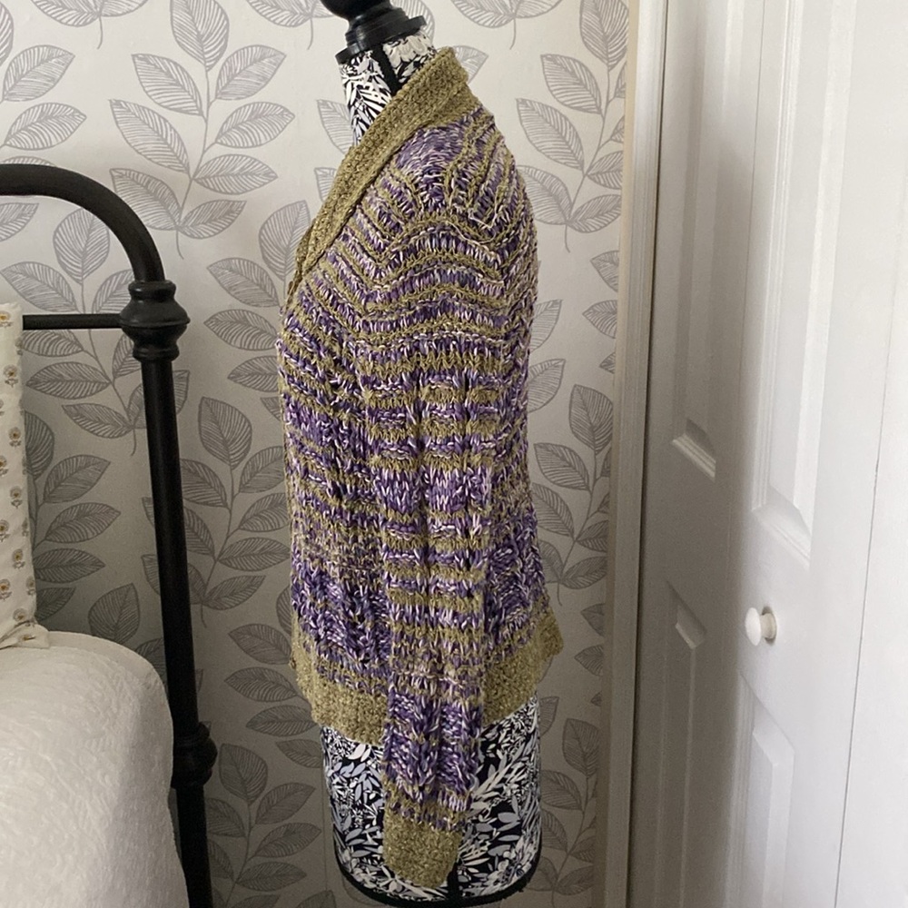 Sigrid Olsen Sport hand knit button front cardigan in olive green and purple - Picture 2 of 7
